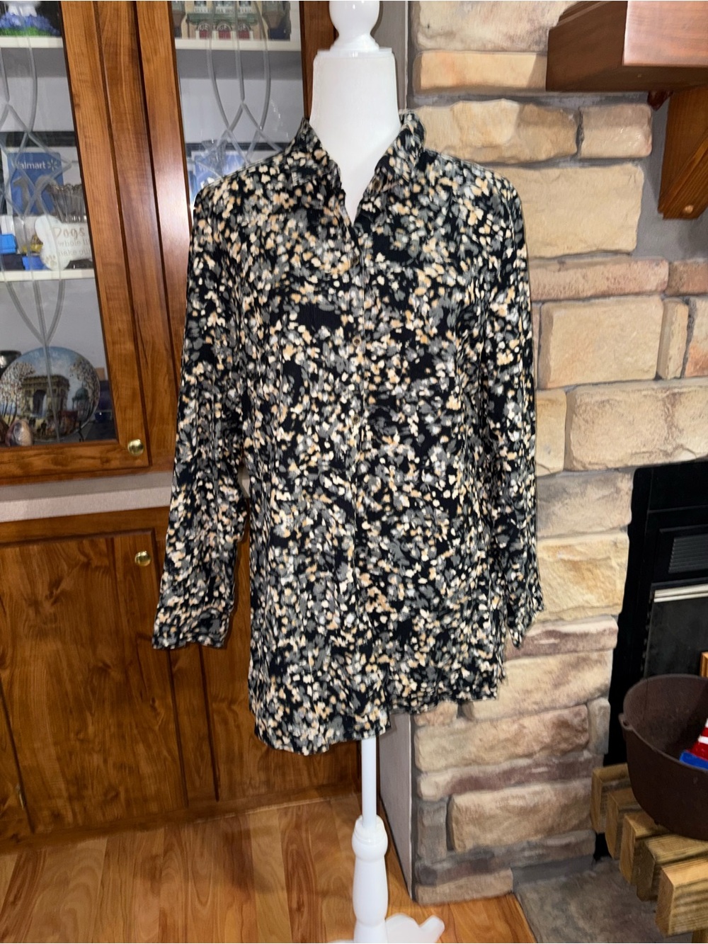 J. Jill Black Floral with Cream and Tan Accents 100% cotton corduroy button up